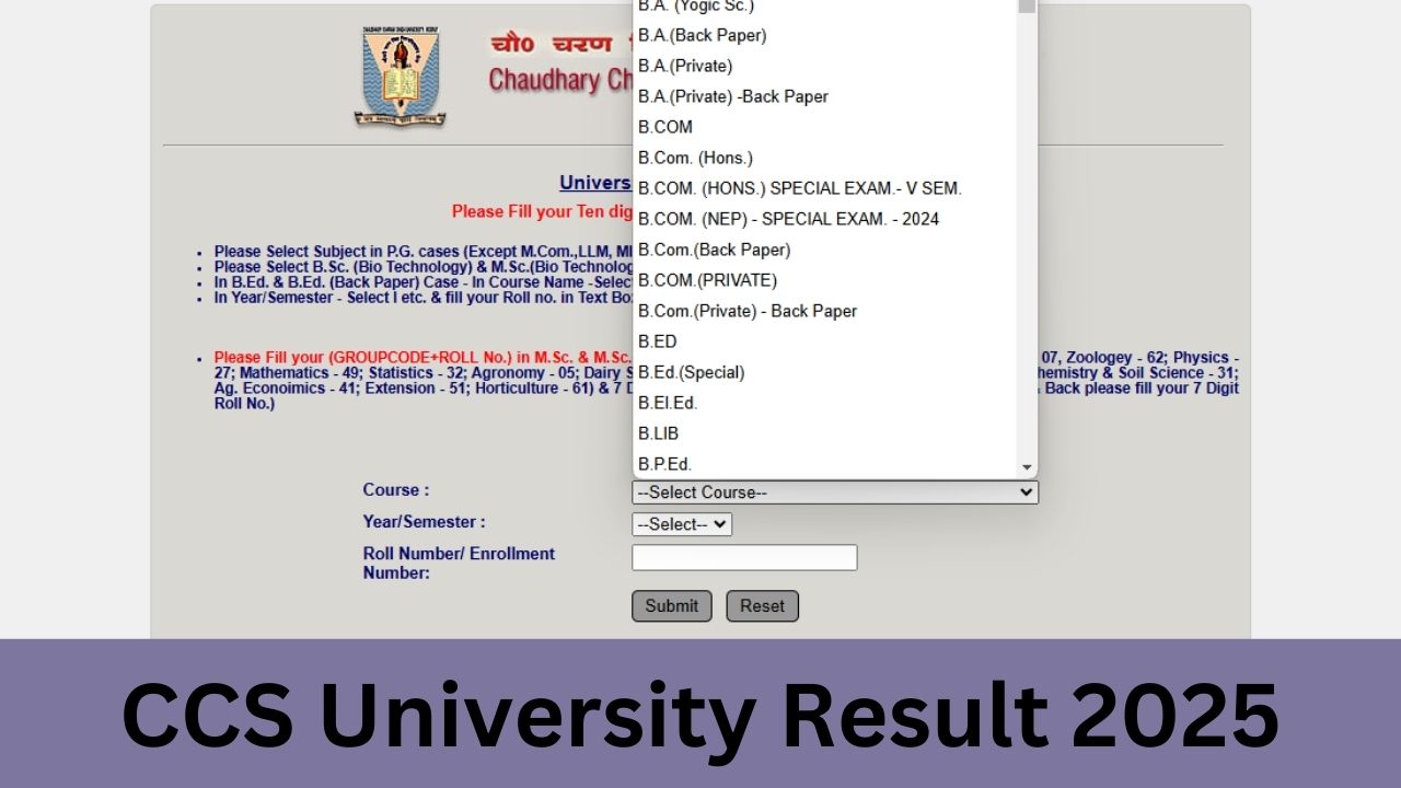 CCS University Result 2025 (UG PG SEM) www.ccsuniversity.ac.in Result 2025