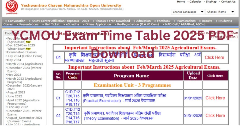 YCMOU Exam Time Table 2025 PDF Download : www.ycmou.digitaluniversity.ac Exam Time Table 2025